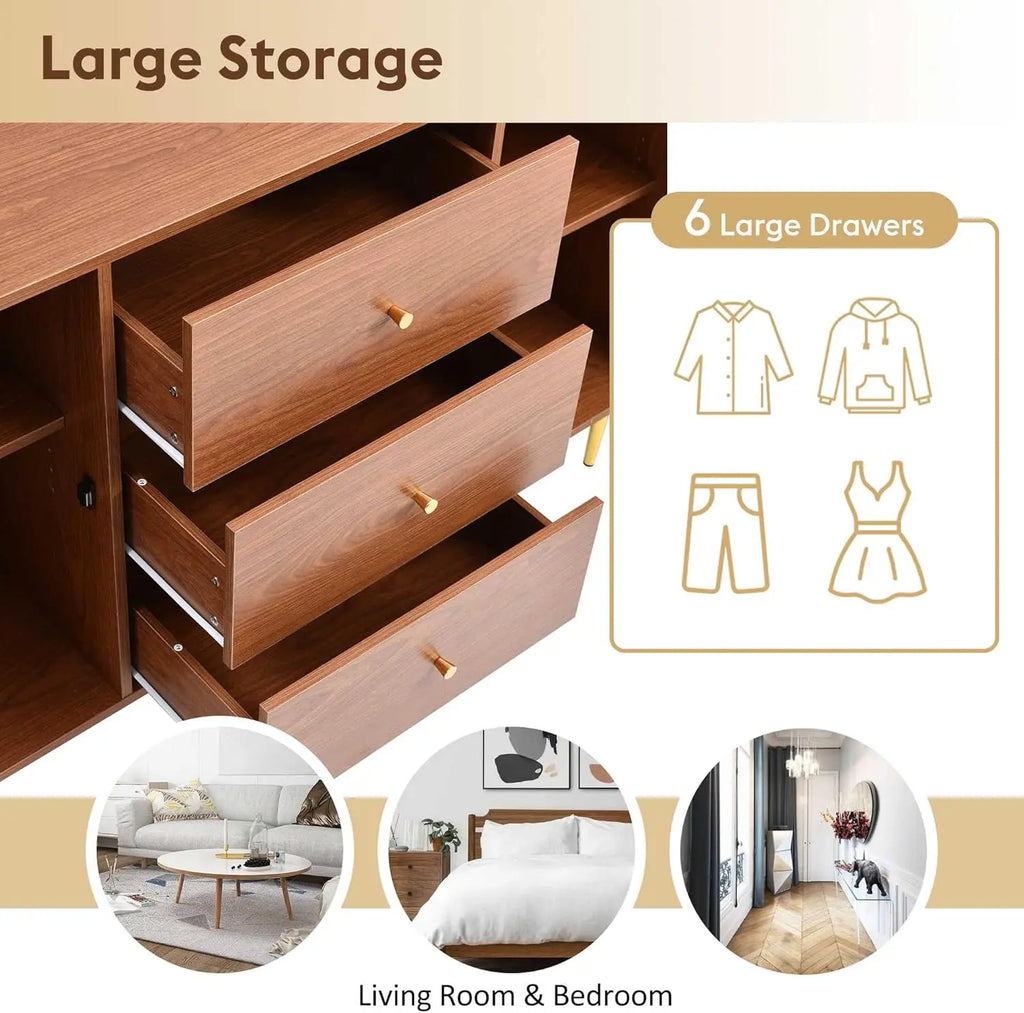 Walnut Rattan Sideboard Cabinet – Modern Storage Cabinet with 2 Doors & 3 Drawers