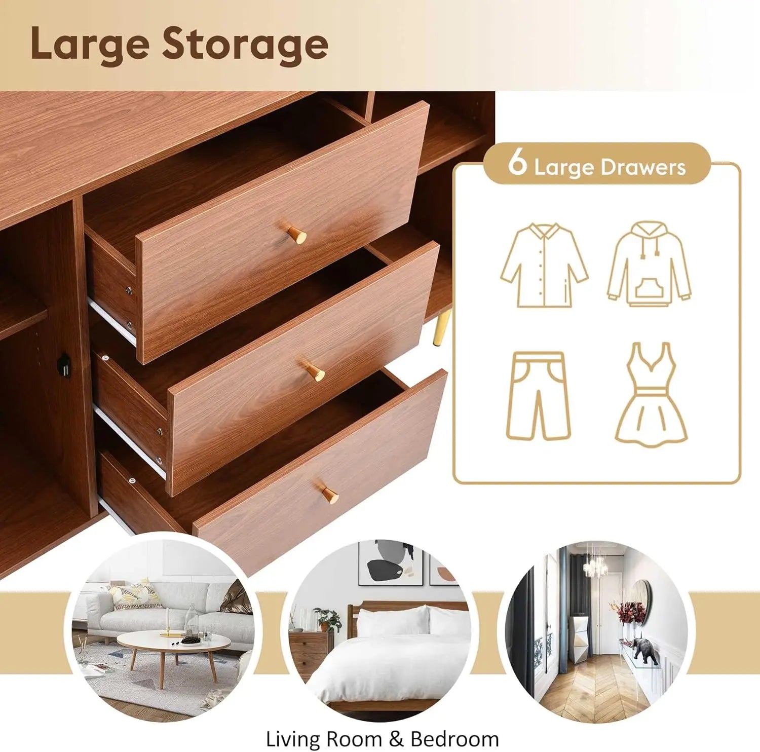Walnut Rattan Sideboard Cabinet – Modern Storage Cabinet with 2 Doors & 3 Drawers