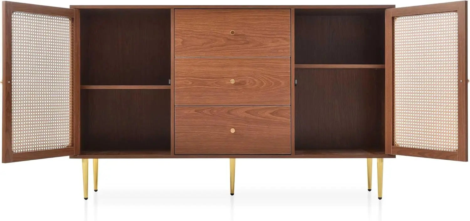 Walnut Rattan Sideboard Cabinet – Modern Storage Cabinet with 2 Doors & 3 Drawers